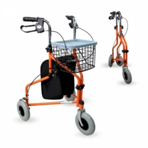 Andador plegable Freno en manetas 3 ruedas Cesta Naranja Caleta - Mobiclinic